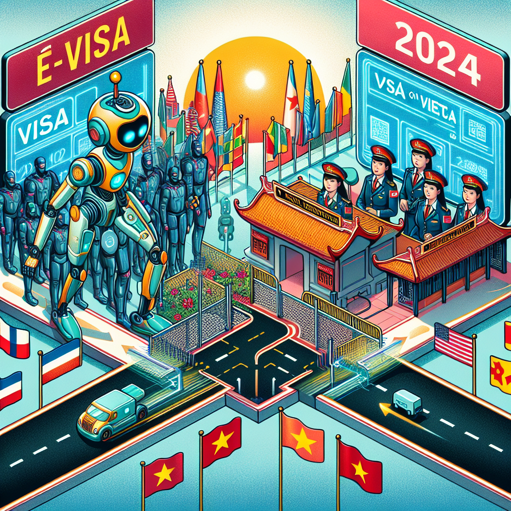 Futuristic illustration showing robots, border control, and international flags representing Vietnam e-visa vs visa on arriva