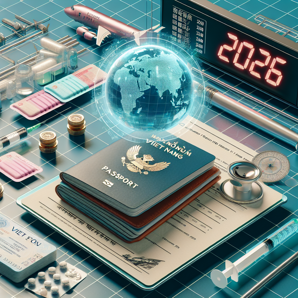 Vietnam passport, medical items, travel documents, and digital clock displaying 20:26 representing 2026 entry requirements.