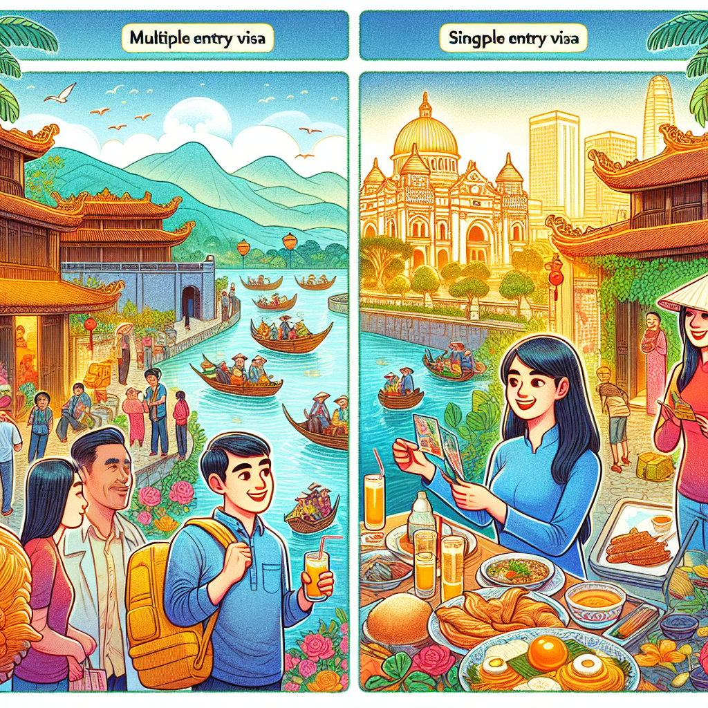 Illustration comparing Vietnam multiple entry visa allowing several trips versus single entry visa allowing one trip only.