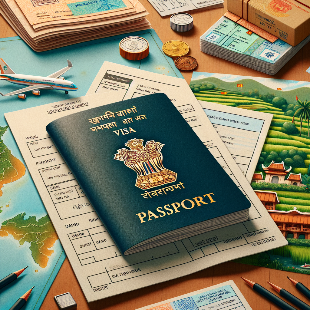 Indian passport, travel documents, and currency laid out on a table for Vietnam visa planning.
