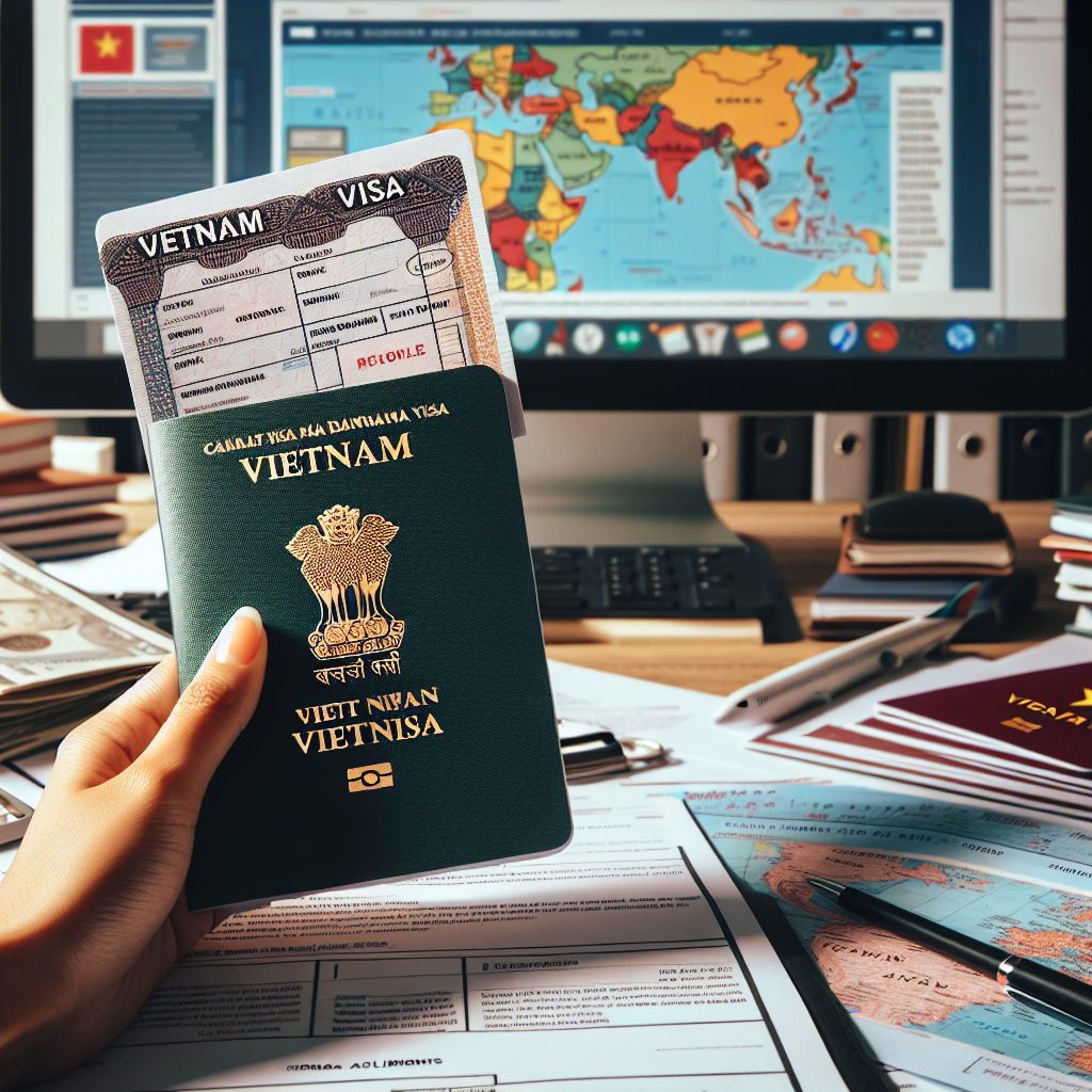 Vietnam passport, visa, and travel documents on a desk with a world map for Indian citizens' travel planning.