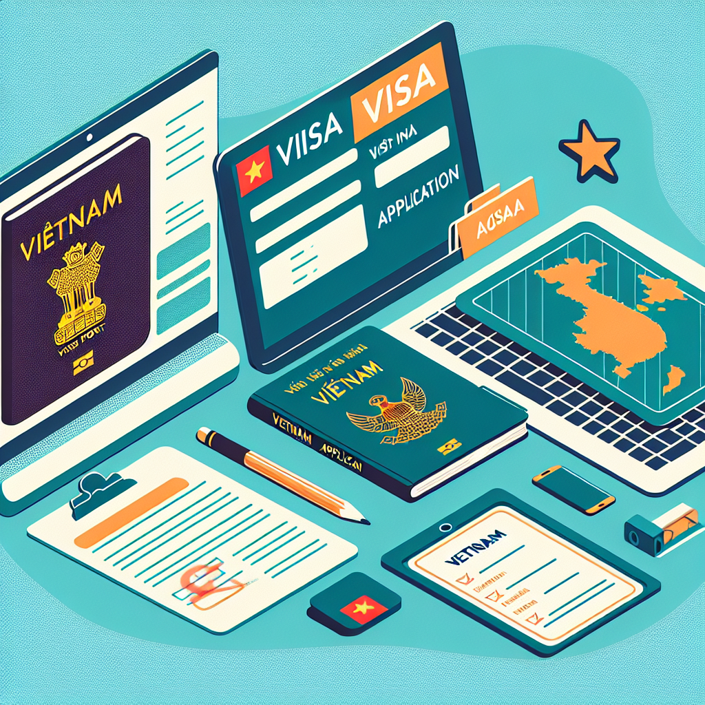 Illustration of Vietnam visa application process with Indian passports, documents, and digital devices for visa application.