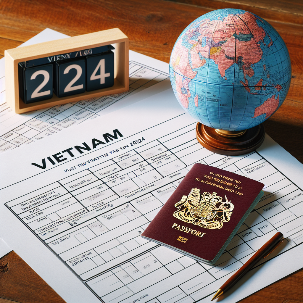 Vietnam visa application form with globe, passport, pen, and calendar for UK citizens' travel preparation 2024.