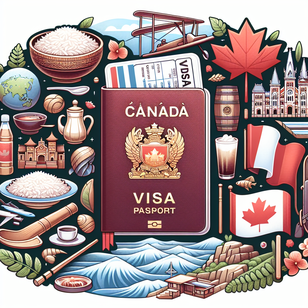 Illustration of a Canadian passport with a visa, surrounded by Canadian symbols and landmarks.