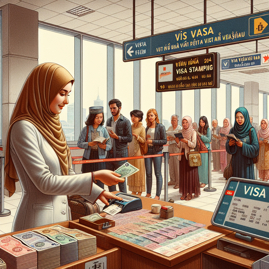 Diverse travelers waiting in line at an airport visa stamping counter to pay the Vietnam visa stamping fee.