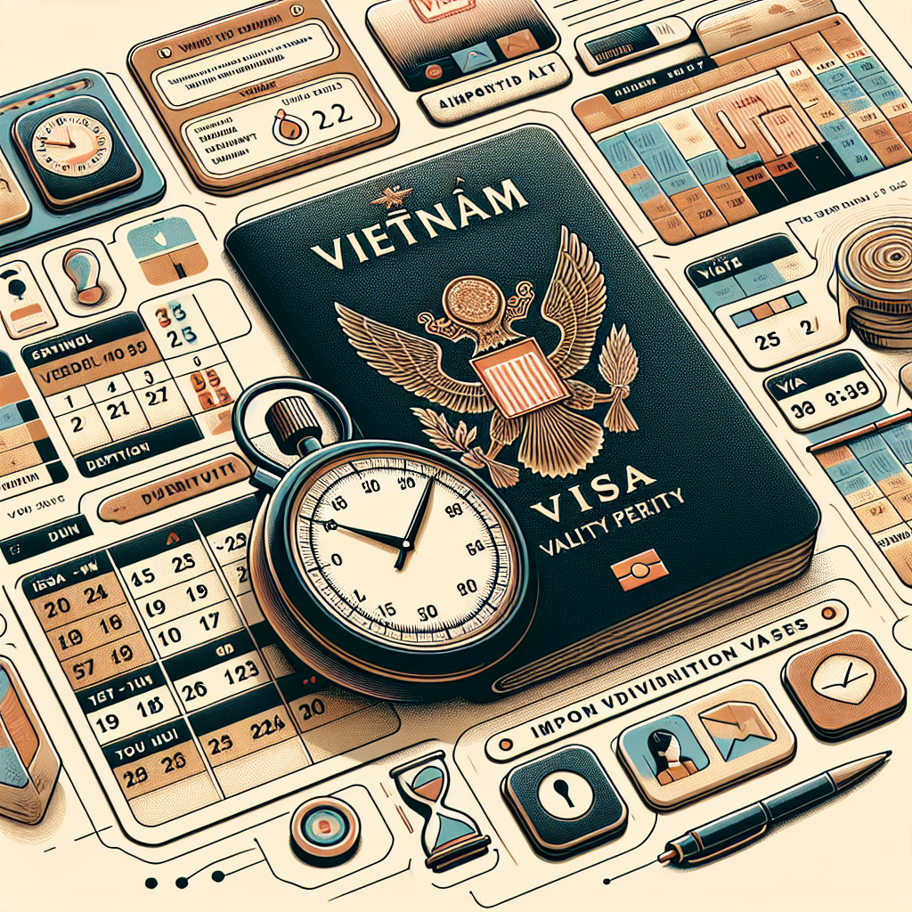 Vietnam visa and travel documents with a stopwatch and travel icons illustrating visa validity periods and duration details.