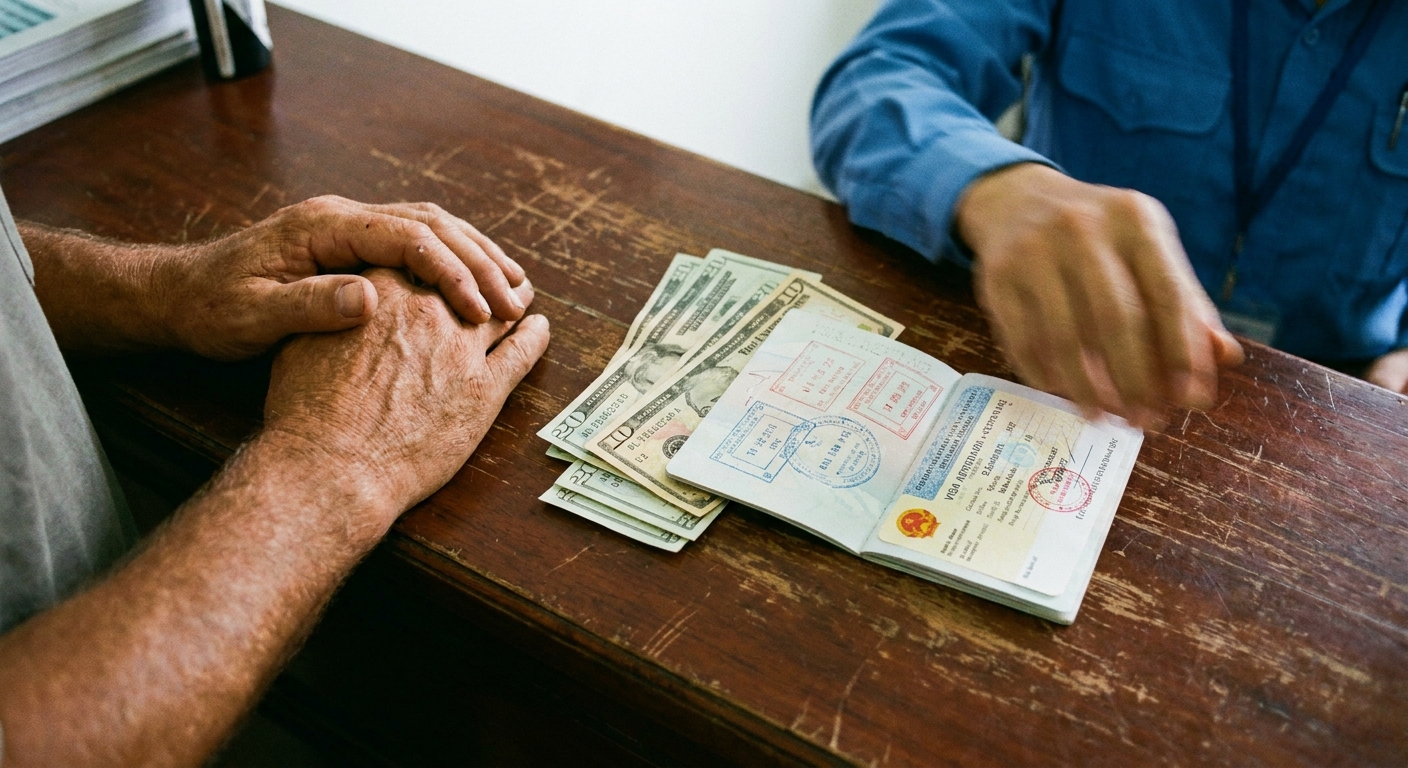 Diverse travelers waiting in line at an airport visa stamping counter to pay the Vietnam visa stamping fee.